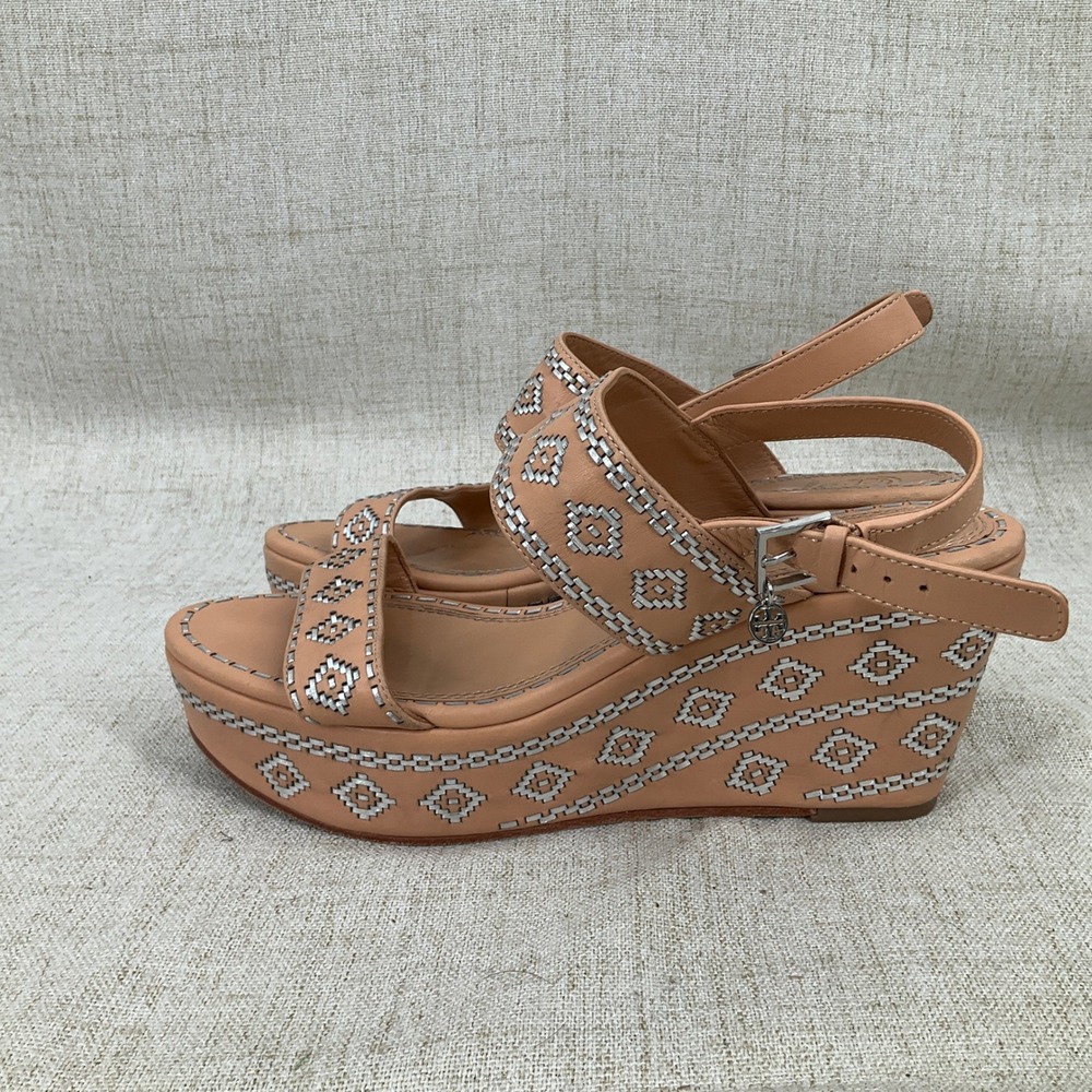 Tory Burch Reena Wedge Sandals Womens 9M Tan Leather Embroidered Platform - Picture 5 of 8